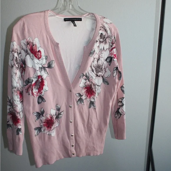 White House Black Market Sweaters Pastel Pink Floral Cardigan